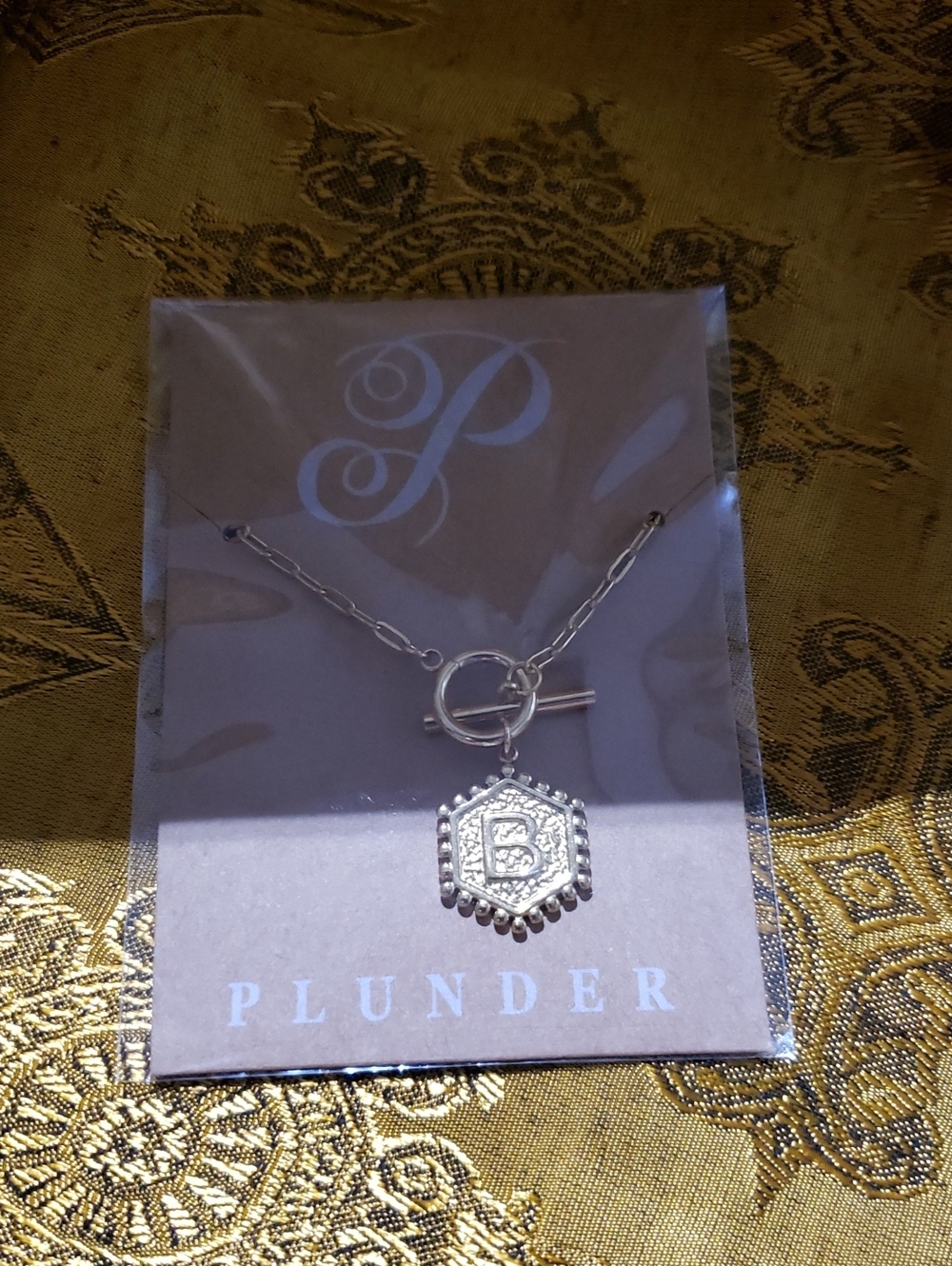 NWT-Plunder Gold-Tone Hexagon Initial 'B' Toggle Necklace
